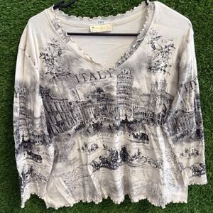 Impulse California Italy Art Print Top Women's Long Sleeve Ruffle Trim